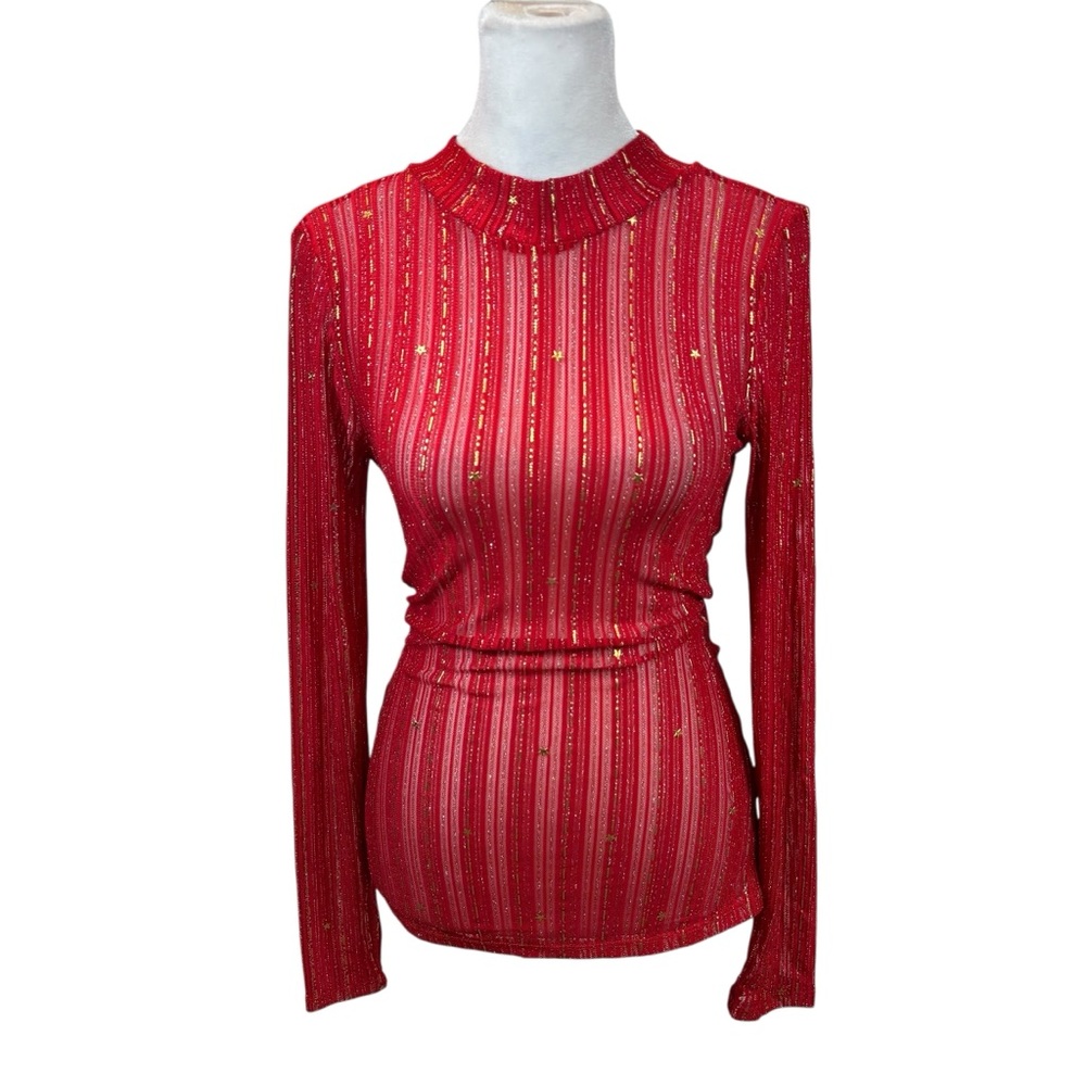 Ladies‎ Blue B Collection Brand Red Sheer Long Sleeve Top With Gold Detail Small